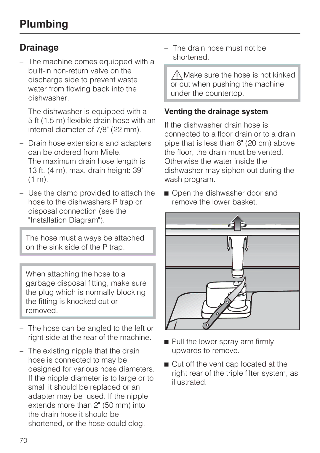 Miele G 5775, G 5770 manual Drainage, Venting the drainage system 