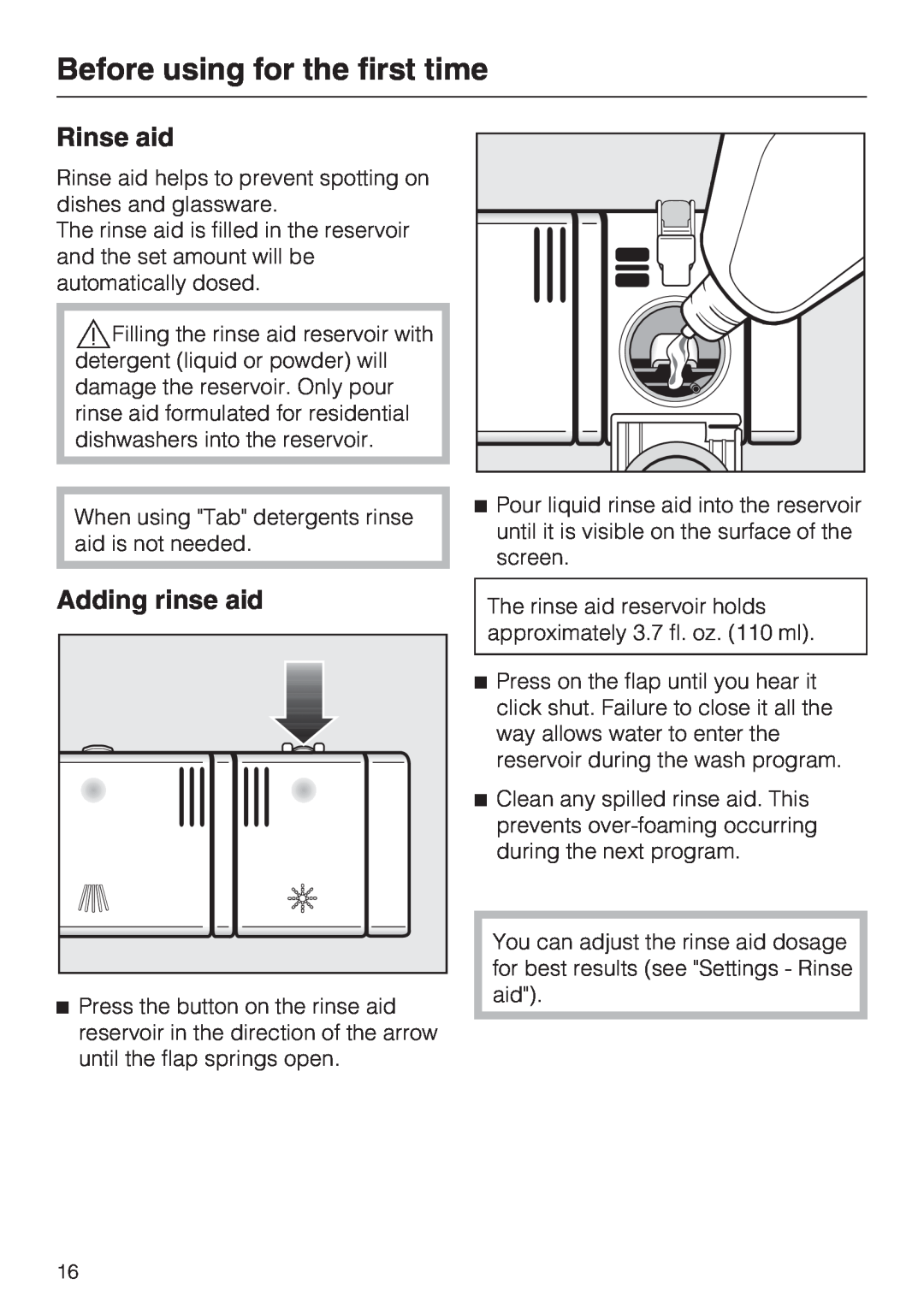Miele G 5775, G 5770 manual Rinse aid, Adding rinse aid, Before using for the first time 