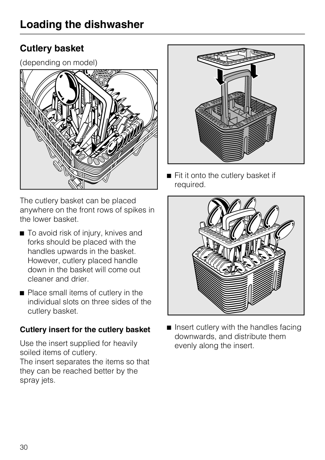 Miele G 5775, G 5770 manual Cutlery basket, Loading the dishwasher, Cutlery insert for the cutlery basket 