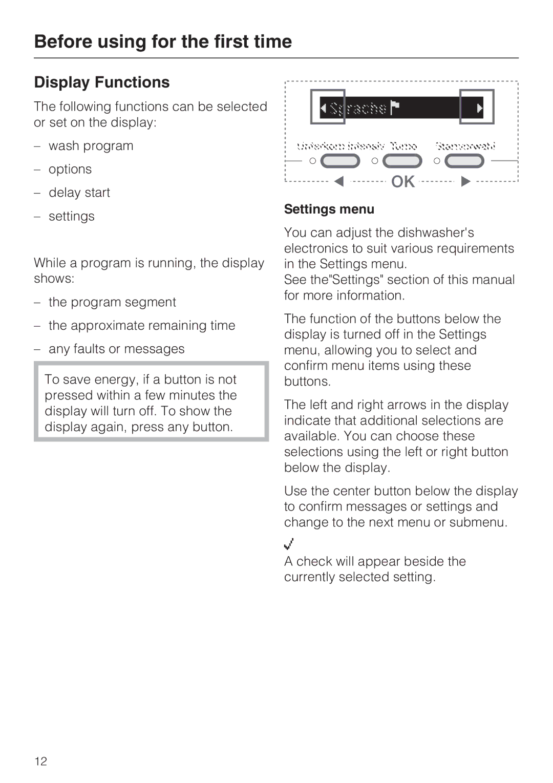 Miele G 5810, G 5815 manual Display Functions, Settings menu 