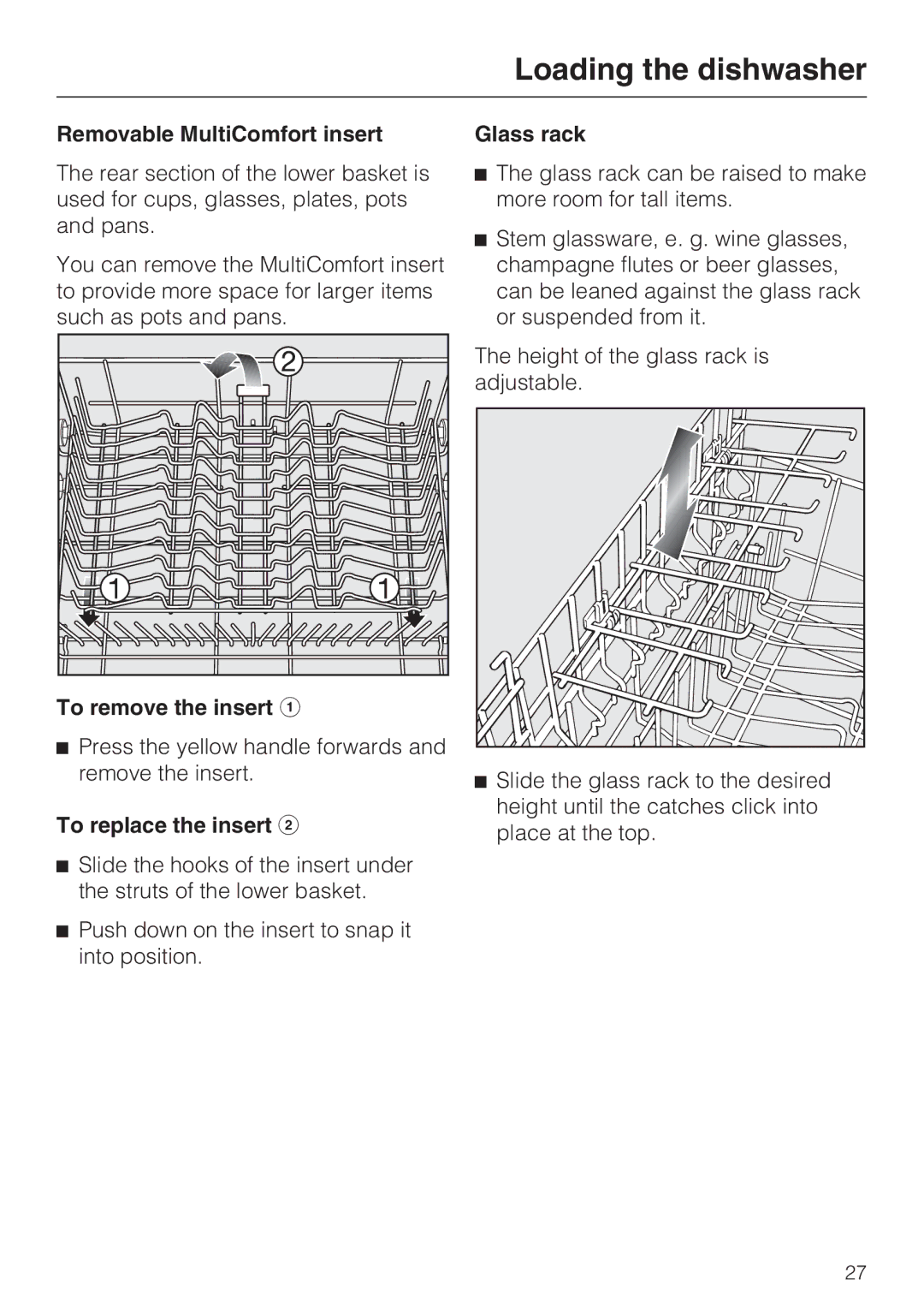 Miele G 5815, G 5810 manual Removable MultiComfort insert, To remove the insert, To replace the insert, Glass rack 