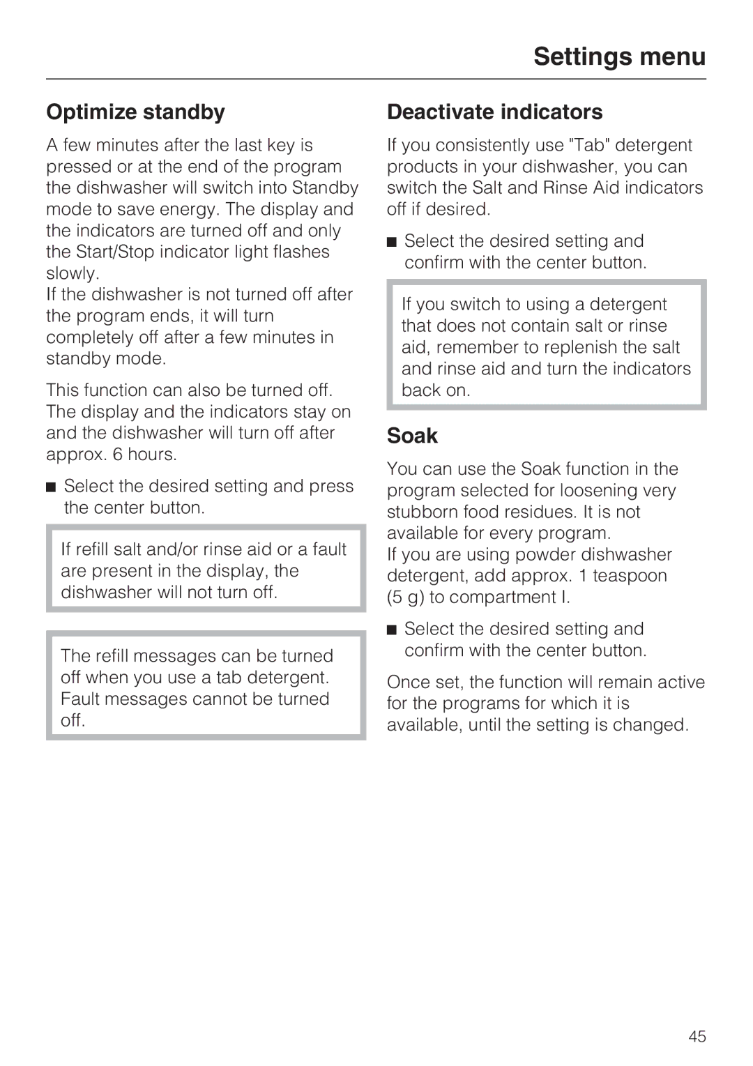 Miele G 5815, G 5810 manual Optimize standby, Deactivate indicators, Soak 
