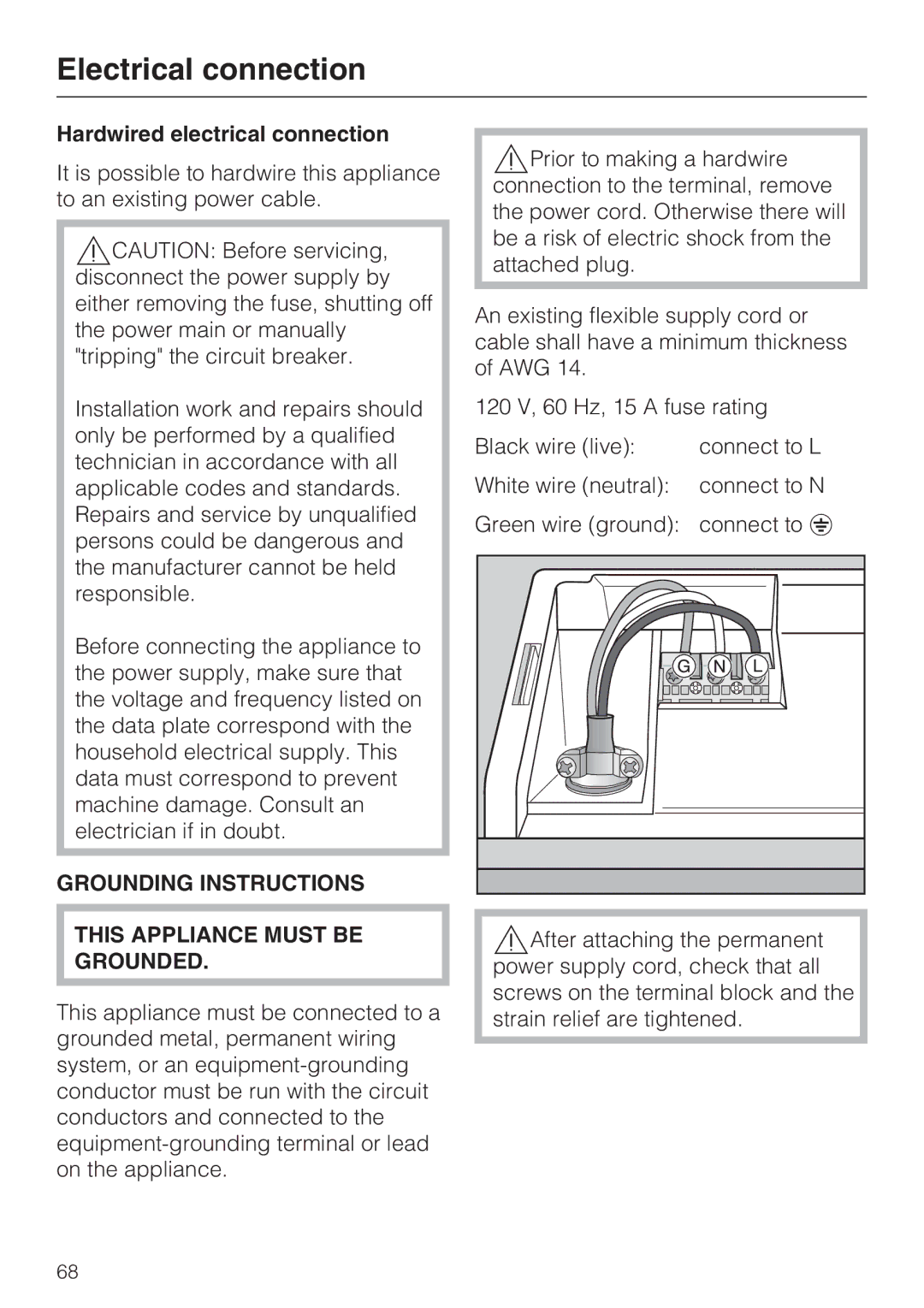 Miele G 5810, G 5815 manual Hardwired electrical connection, Grounding Instructions This Appliance Must be Grounded 