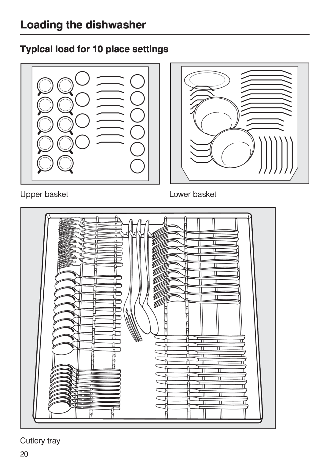 Miele G 5810, G 5815 Typical load for 10 place settings, Loading the dishwasher, Upper basket, Lower basket, Cutlery tray 