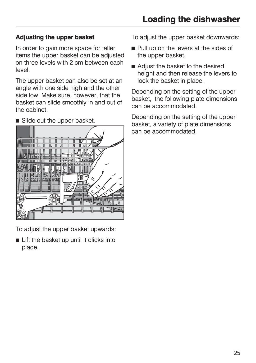 Miele G 5815, G 5810 manual Loading the dishwasher, Adjusting the upper basket 