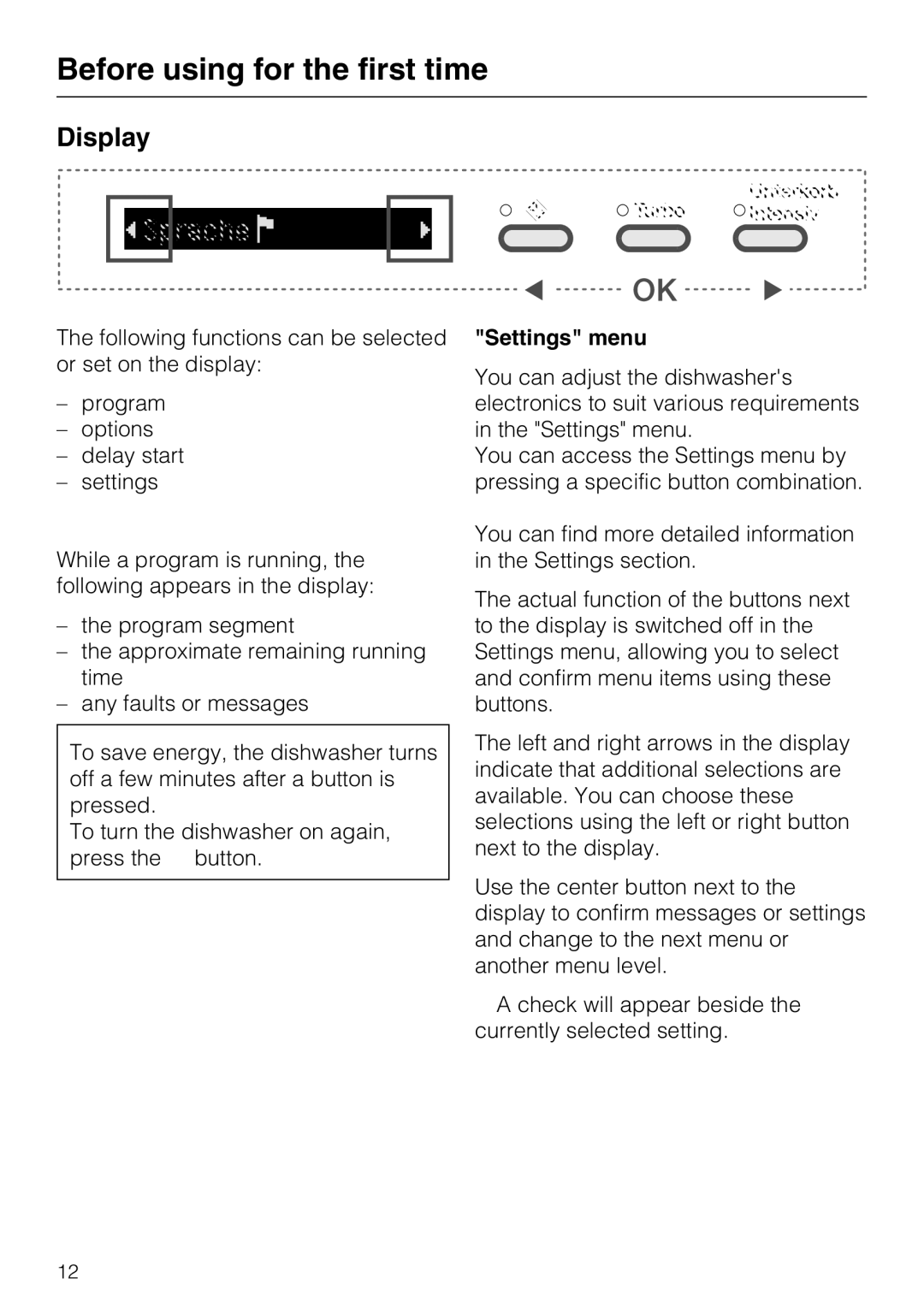 Miele G 5875, G 5870 manual Display, Settings menu 