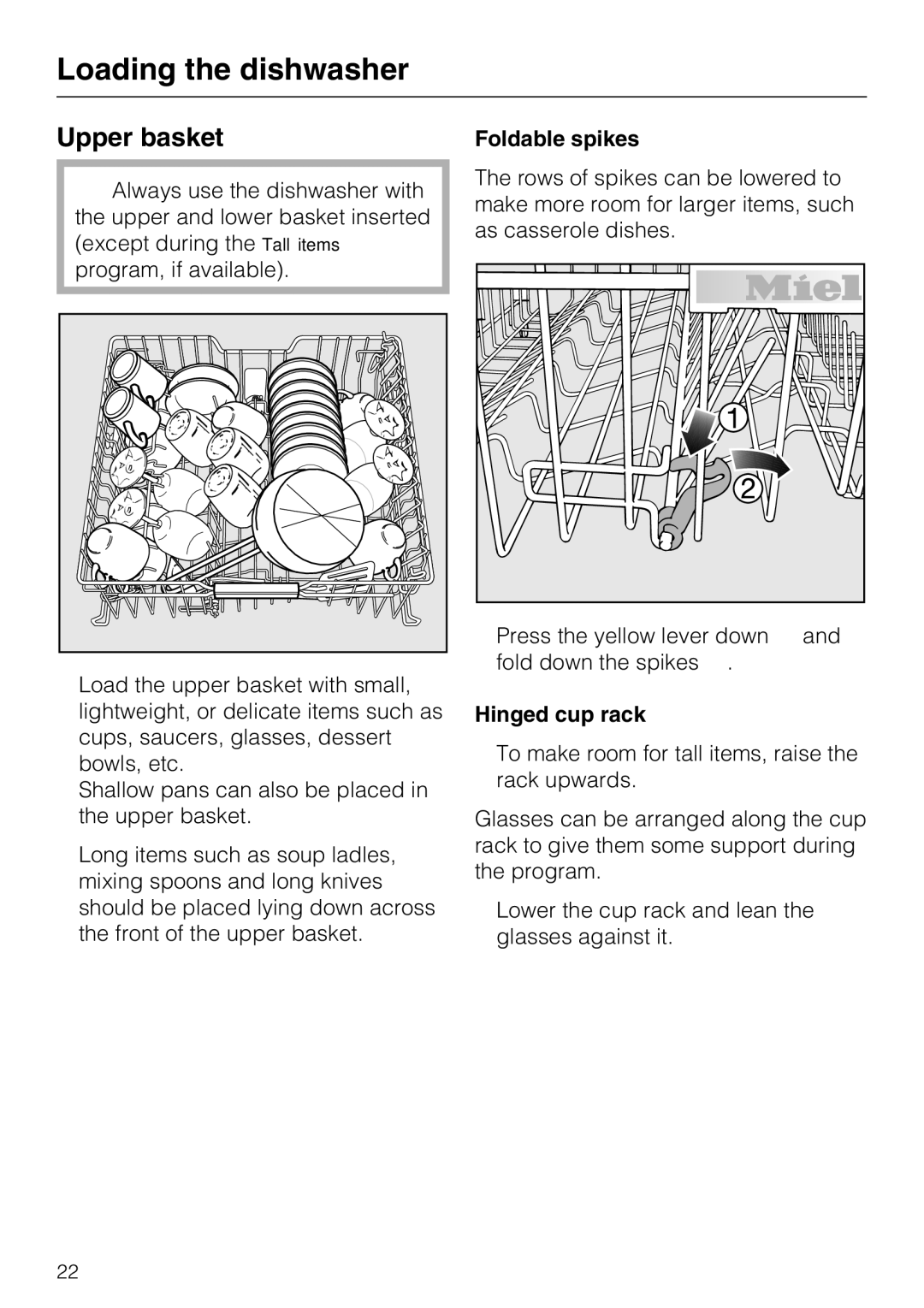 Miele G 5875, G 5870 manual Upper basket, Foldable spikes, Hinged cup rack 