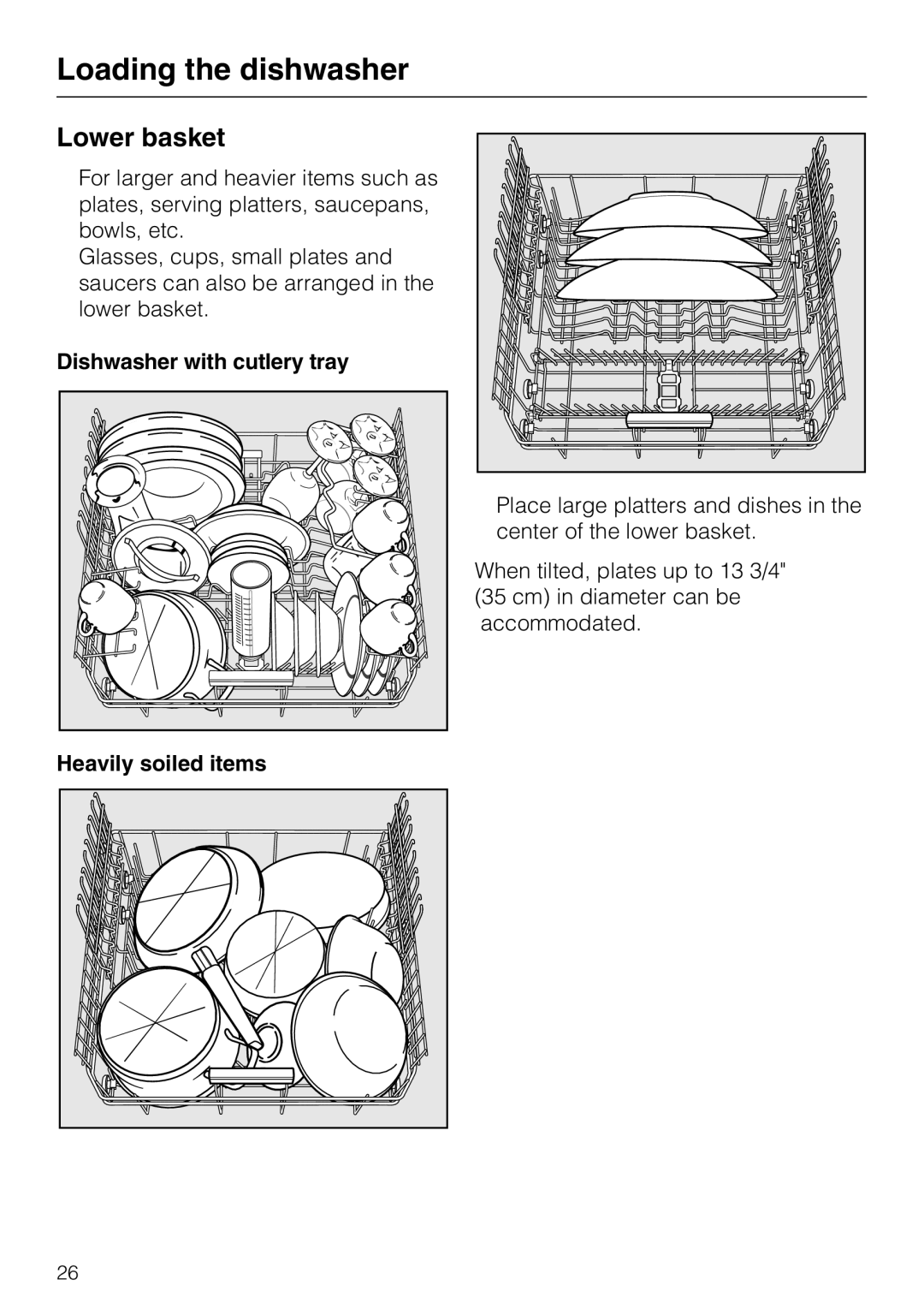 Miele G 5875, G 5870 manual Lower basket, Dishwasher with cutlery tray Heavily soiled items 