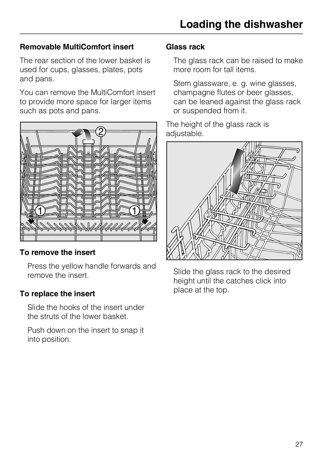 Miele G 5870, G 5875 manual Removable MultiComfort insert, To remove the insert, To replace the insert, Glass rack 