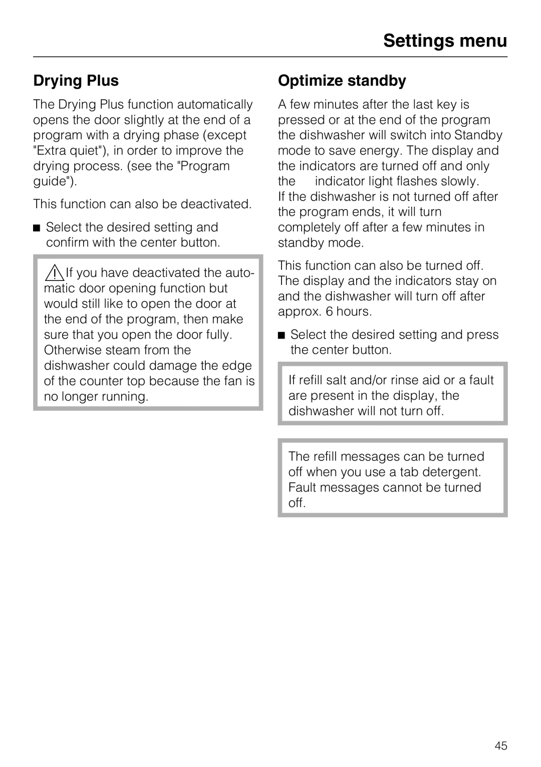 Miele G 5870, G 5875 manual Drying Plus, Optimize standby 