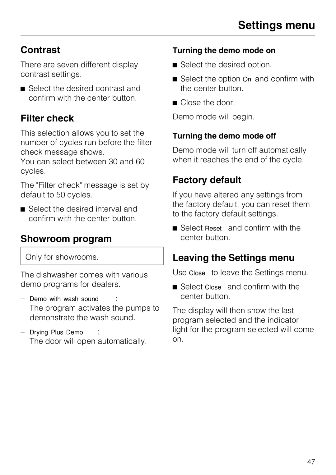 Miele G 5870, G 5875 manual Contrast, Filter check, Showroom program, Factory default, Leaving the Settings menu 