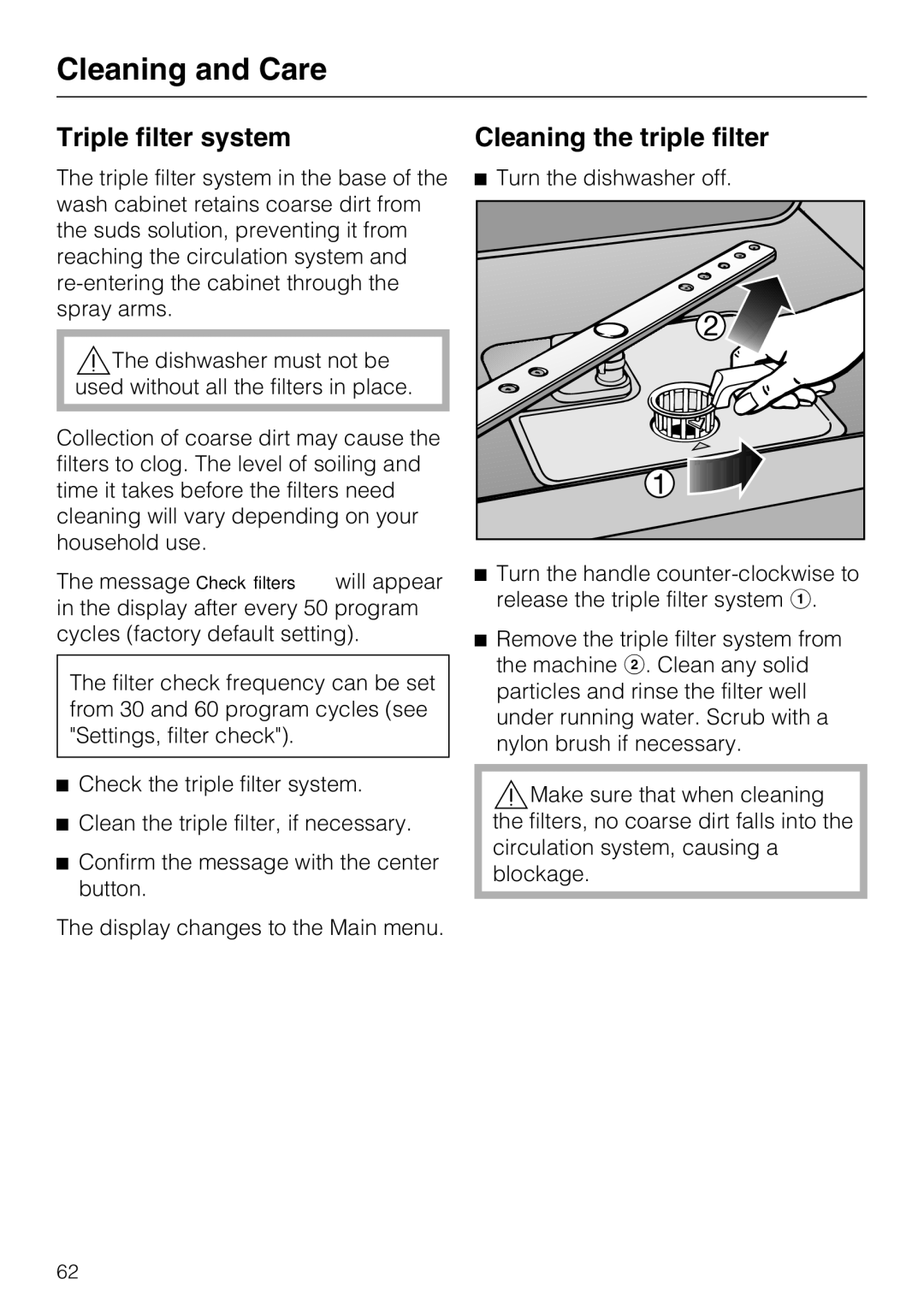 Miele G 5875, G 5870 manual Triple filter system, Cleaning the triple filter 