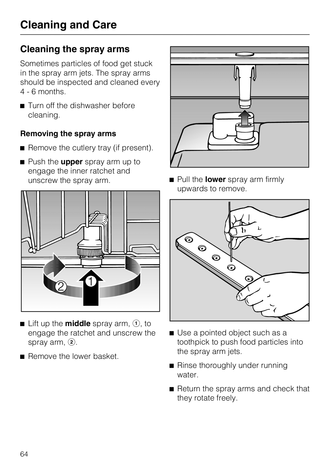 Miele G 5875, G 5870 manual Cleaning the spray arms, Removing the spray arms 