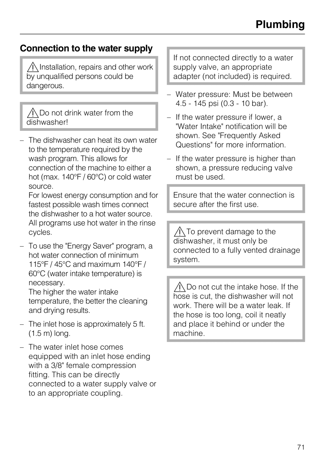 Miele G 5870, G 5875 manual Plumbing, Connection to the water supply 