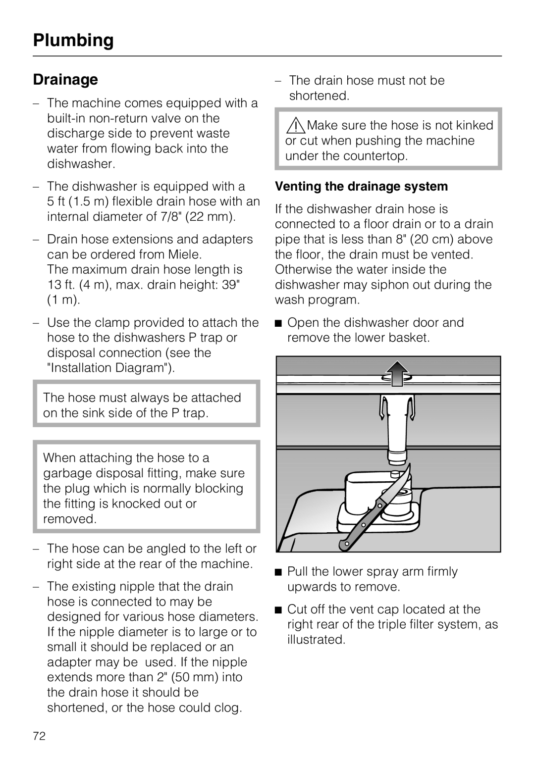 Miele G 5875, G 5870 manual Drainage, Venting the drainage system 