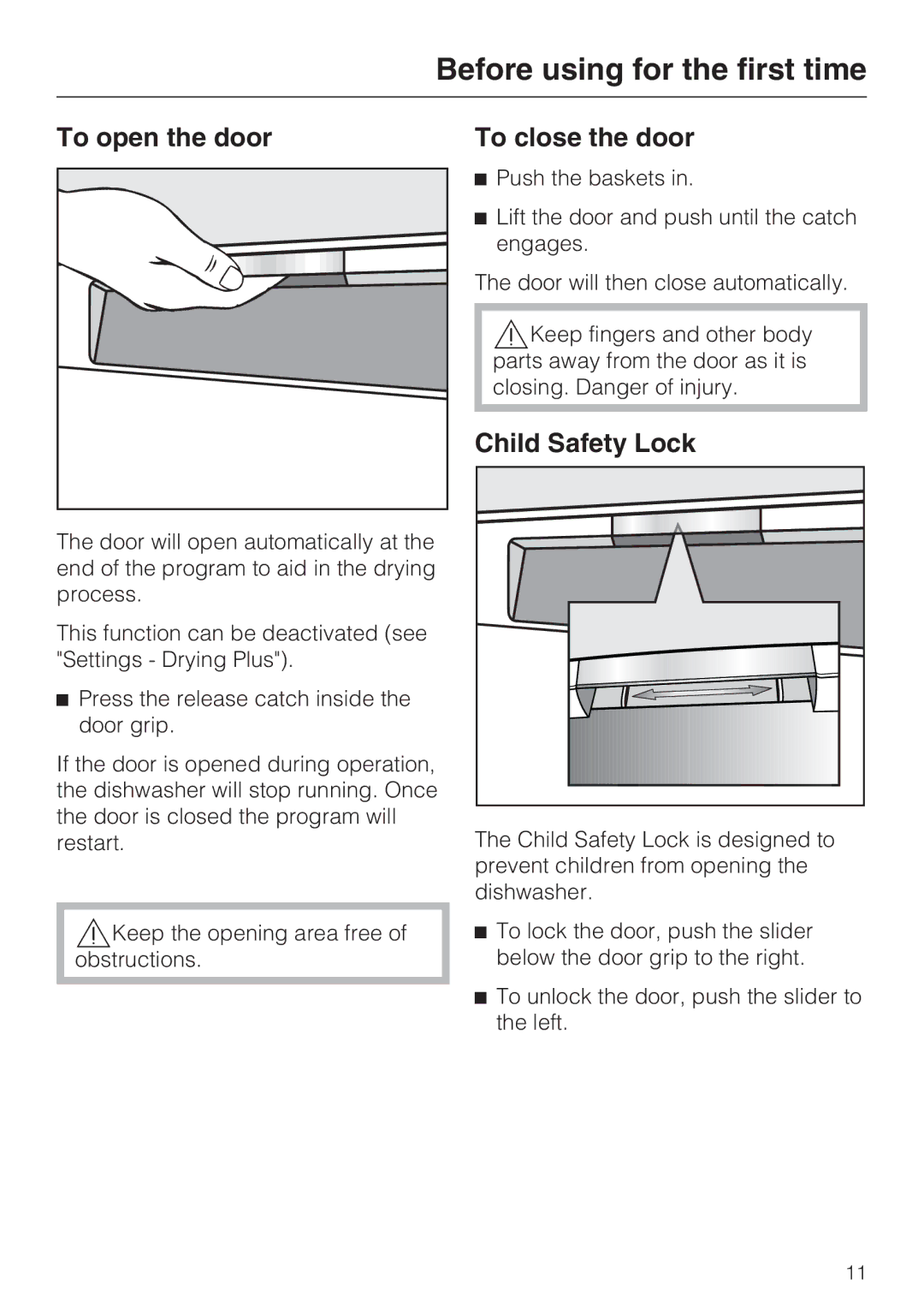 Miele G 5910, G 5915 Before using for the first time, To open the door, To close the door, Child Safety Lock 