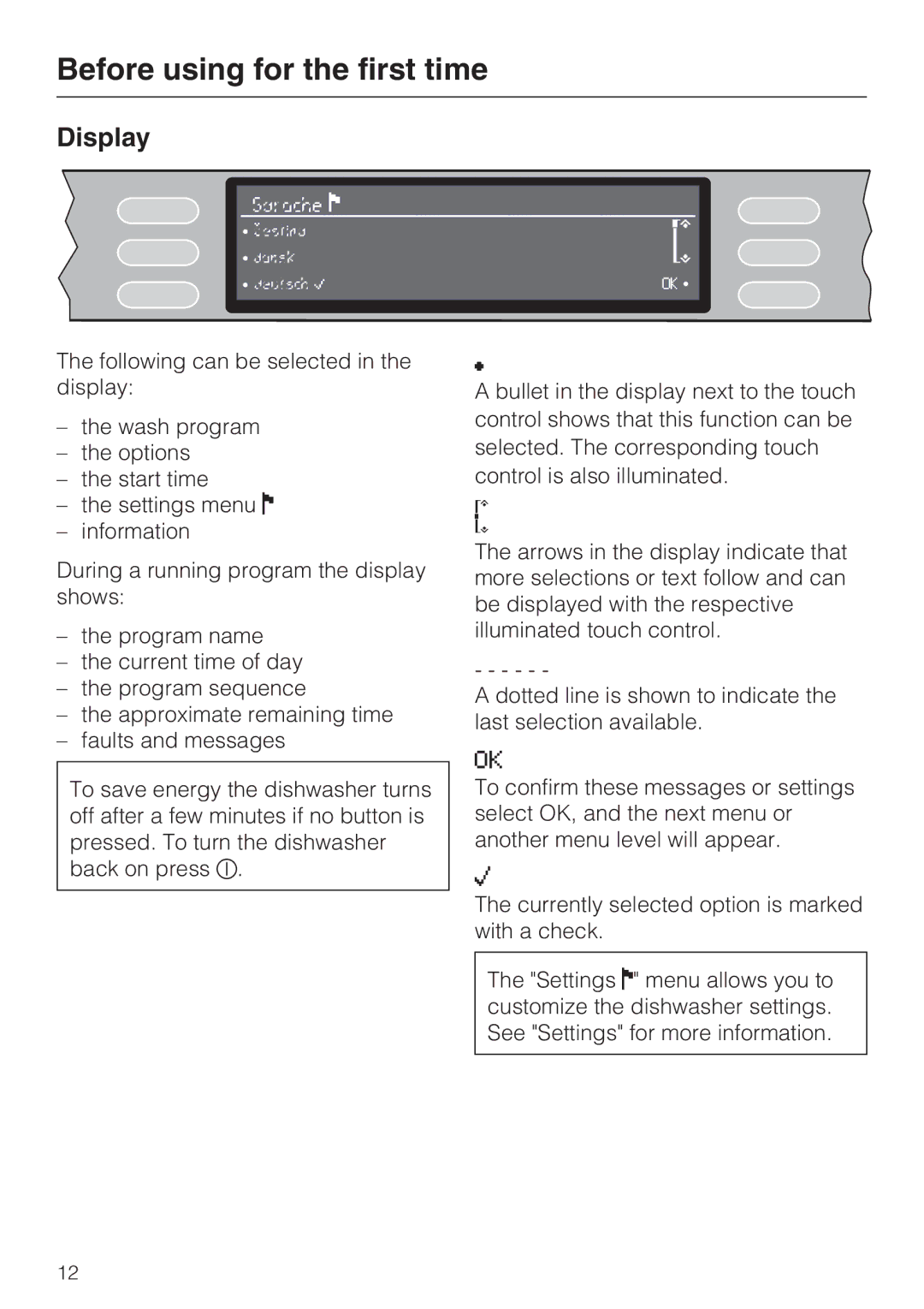 Miele G 5915, G 5910 operating instructions Display 