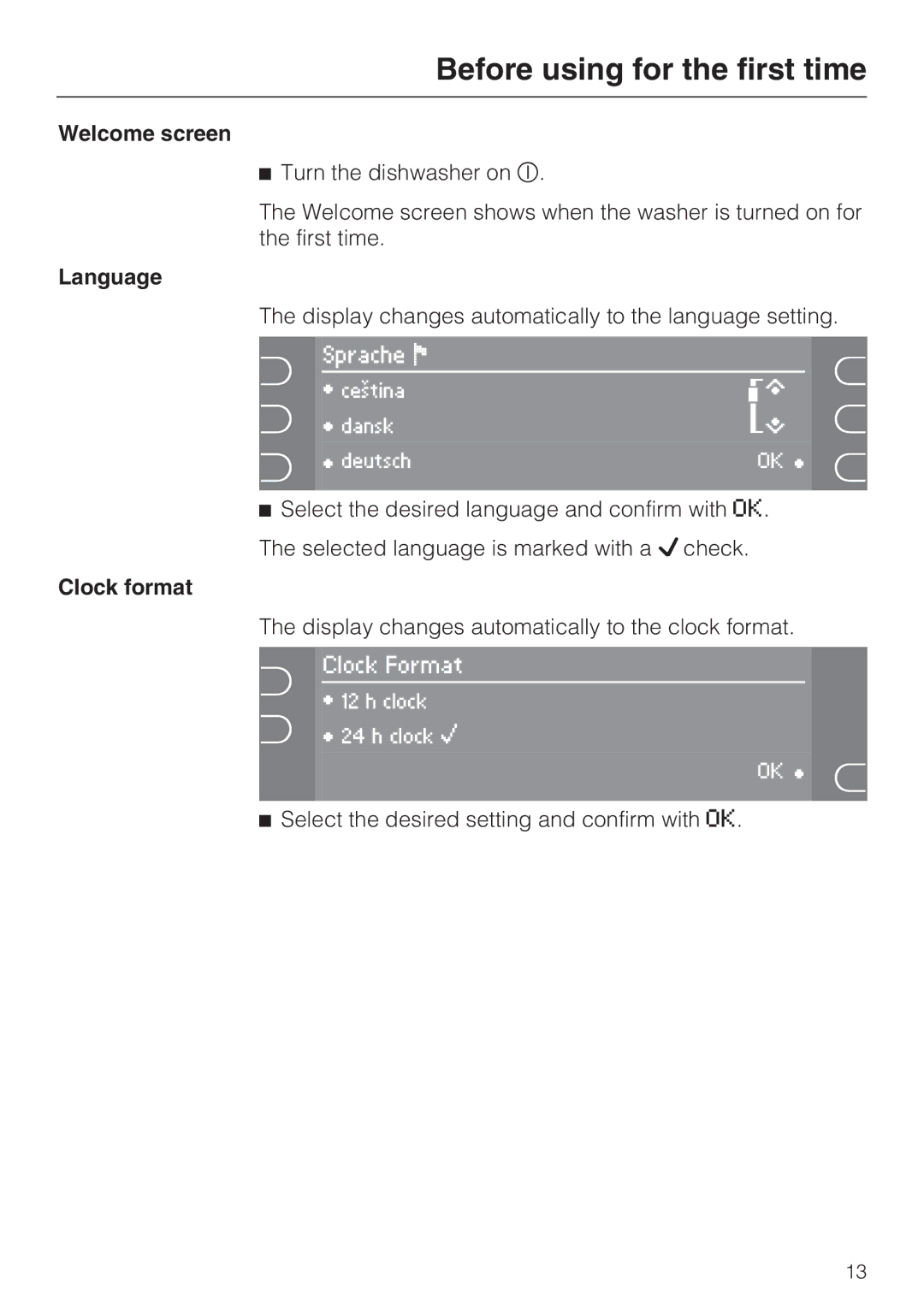 Miele G 5910, G 5915 operating instructions Welcome screen, Language, Clock format 