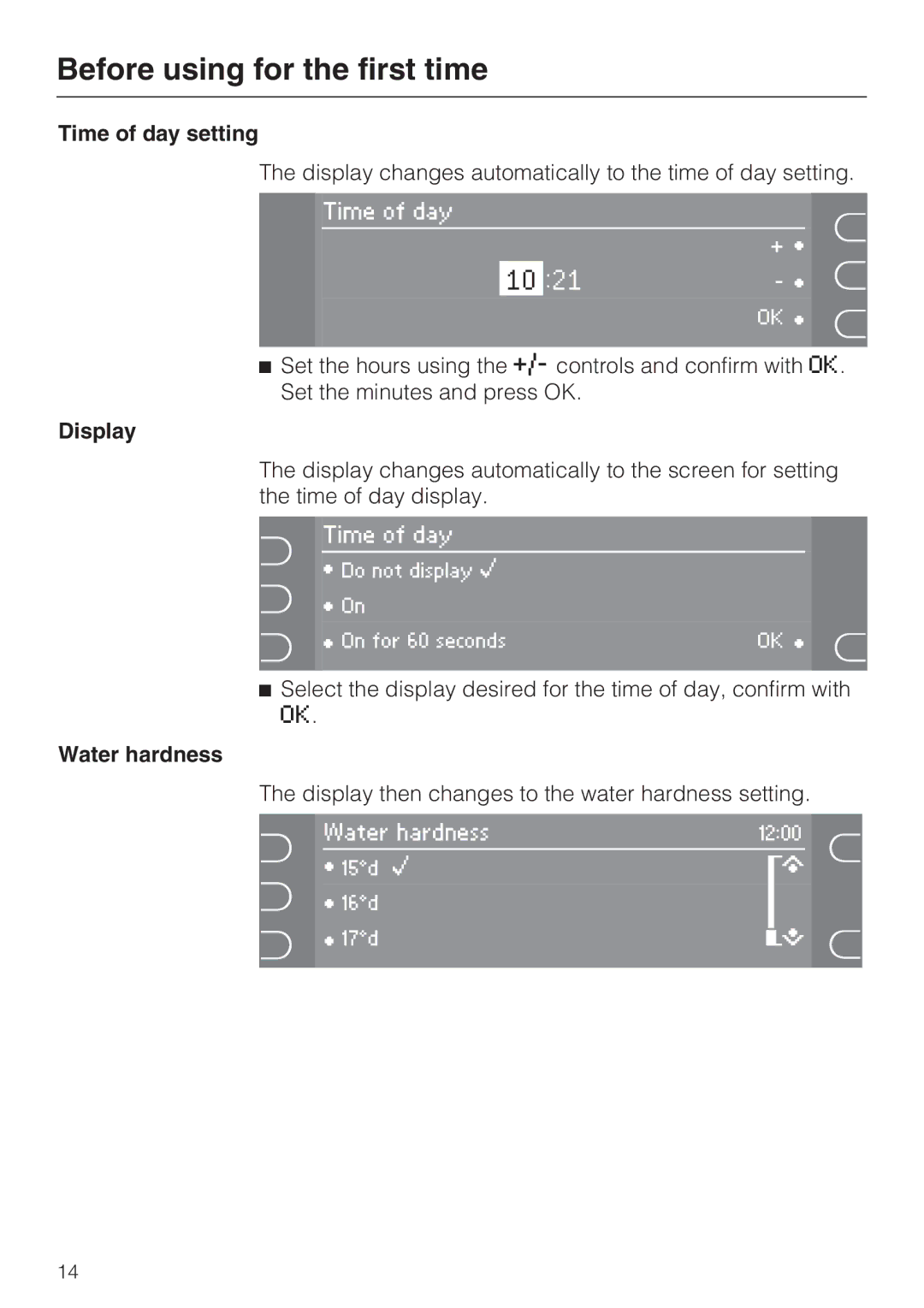 Miele G 5915, G 5910 operating instructions Time of day setting, Water hardness 