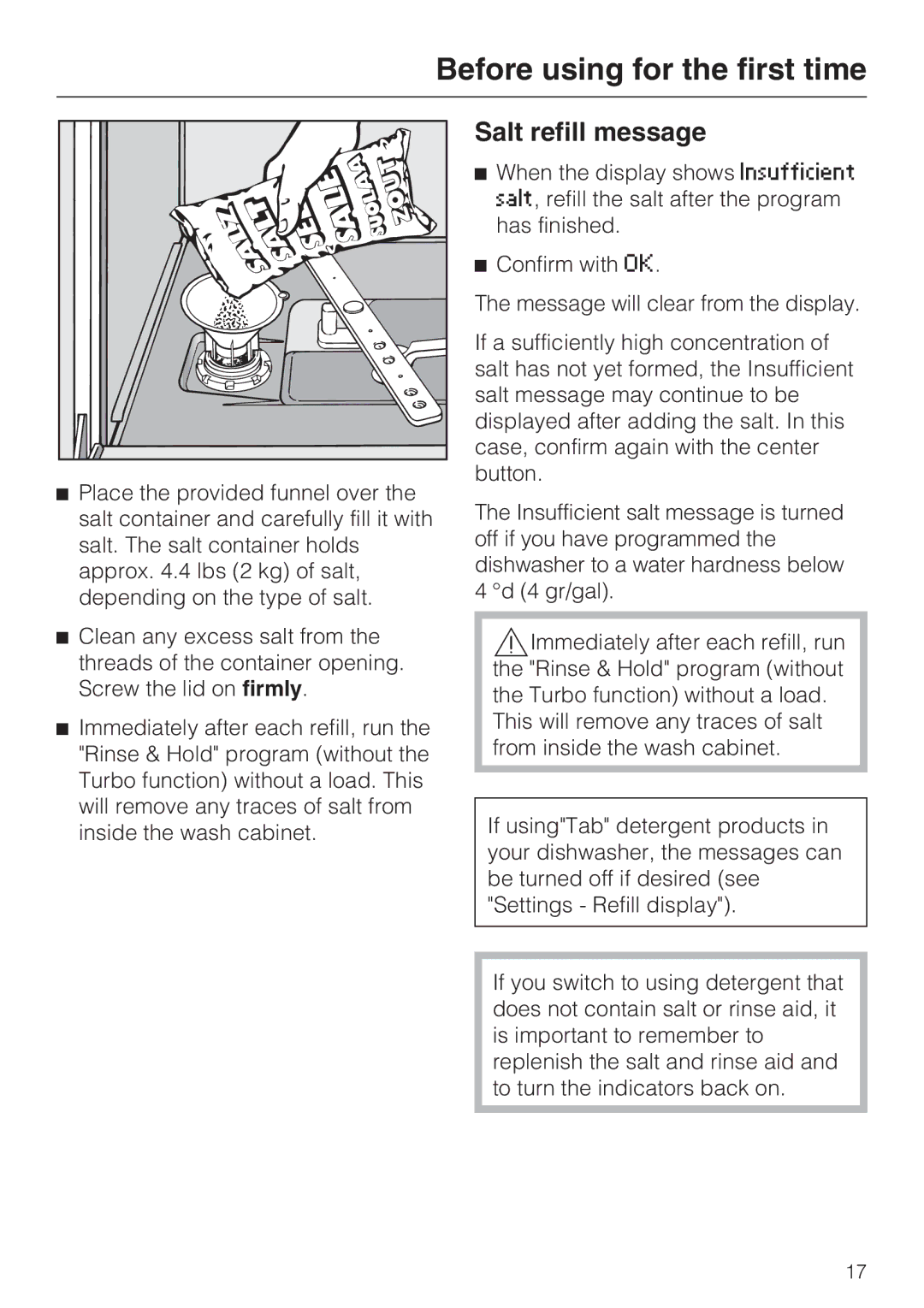 Miele G 5910, G 5915 operating instructions Salt refill message 