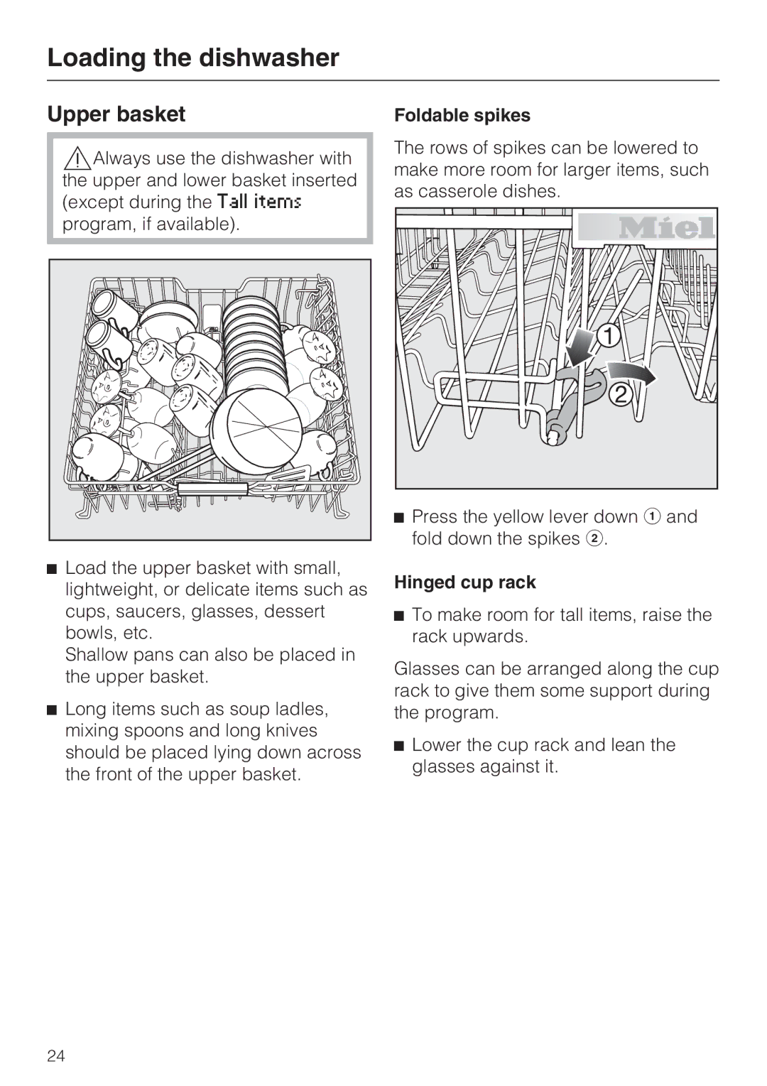 Miele G 5915, G 5910 operating instructions Upper basket, Foldable spikes, Hinged cup rack 