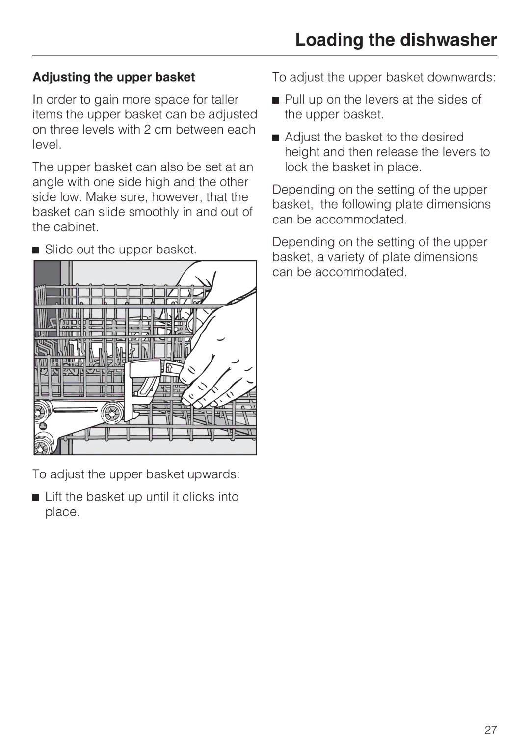 Miele G 5910, G 5915 operating instructions Adjusting the upper basket 