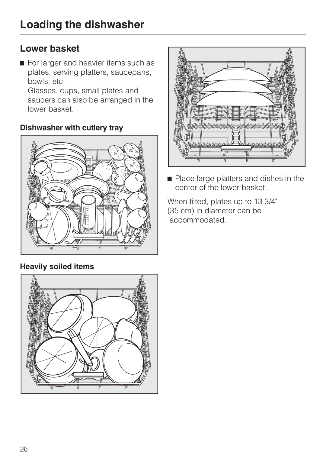 Miele G 5915, G 5910 operating instructions Lower basket, Dishwasher with cutlery tray Heavily soiled items 