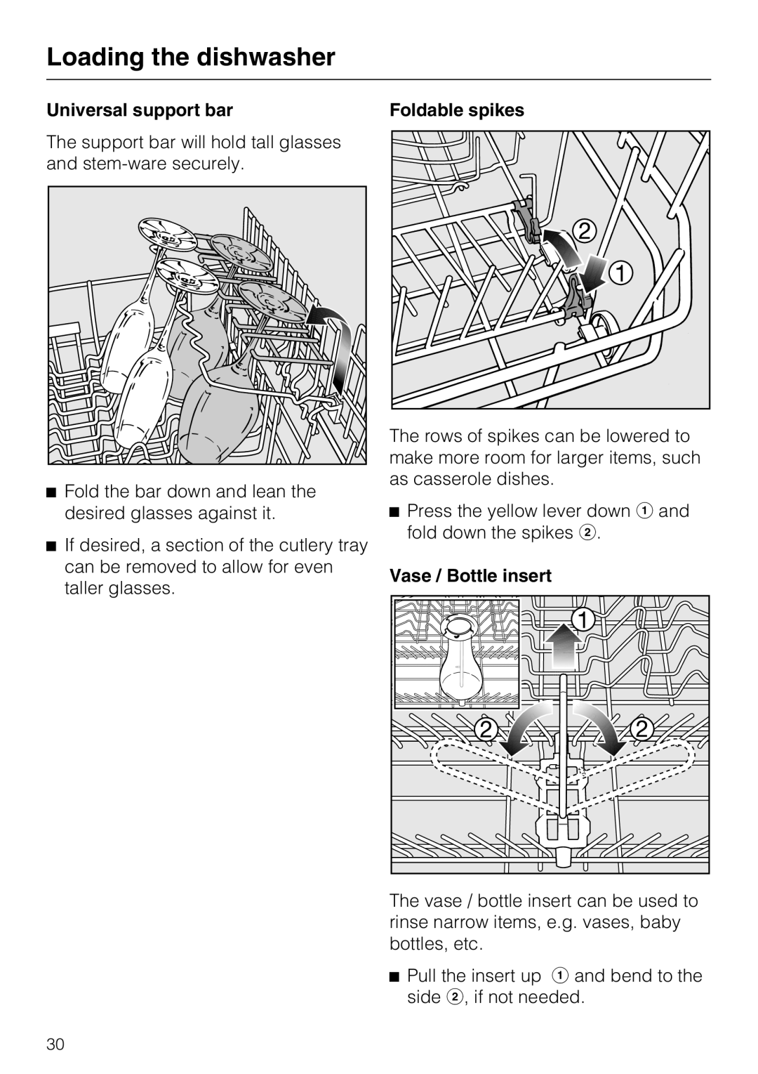 Miele G 5915, G 5910 operating instructions Universal support bar Foldable spikes, Vase / Bottle insert 