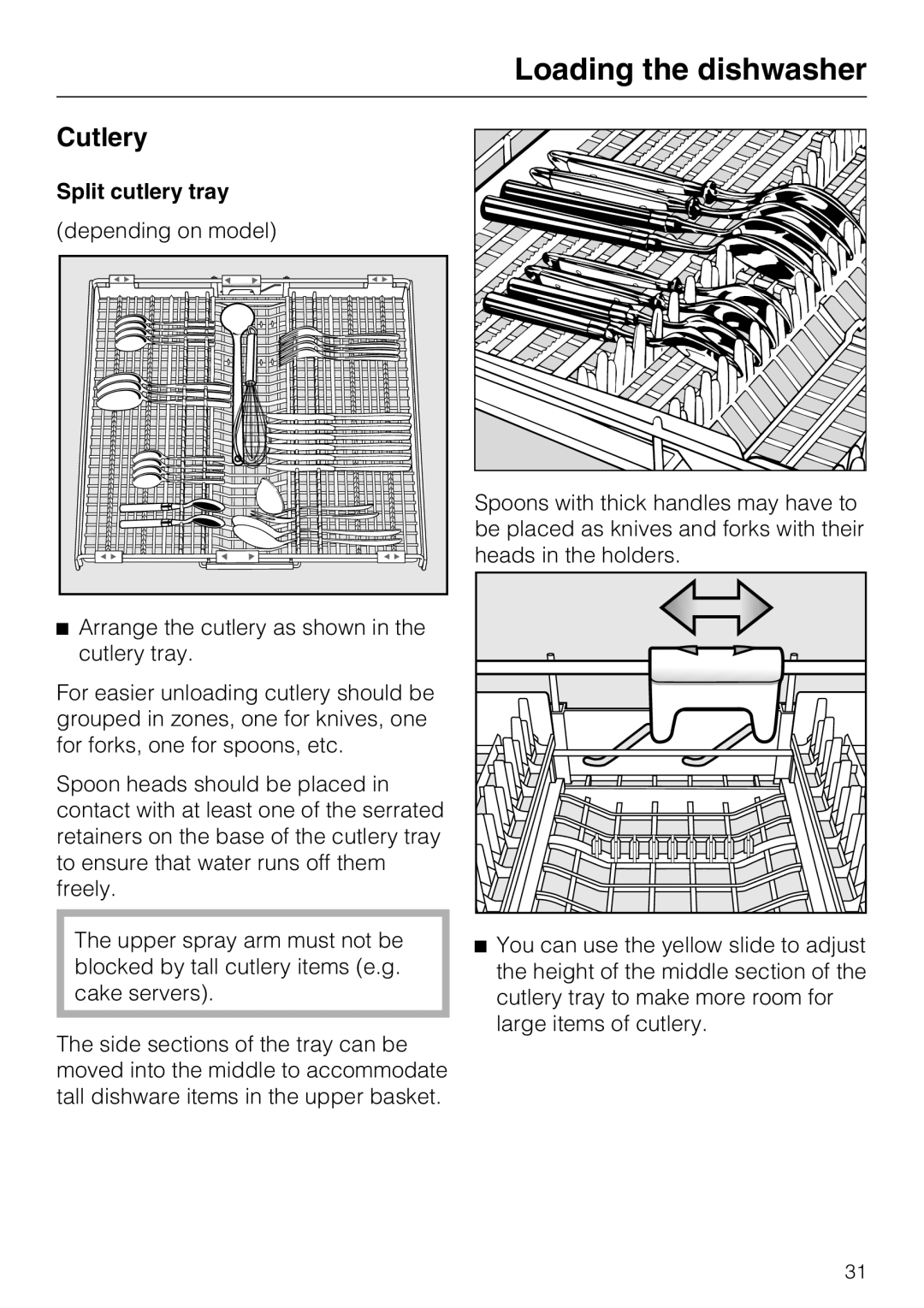 Miele G 5910, G 5915 operating instructions Cutlery, Split cutlery tray 