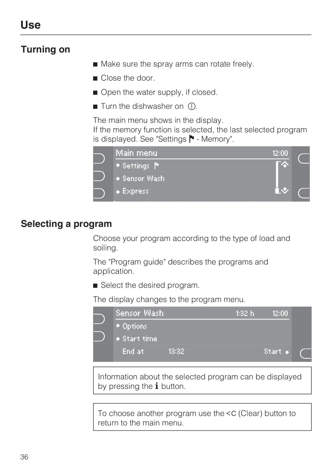 Miele G 5915, G 5910 operating instructions Turning on, Selecting a program 