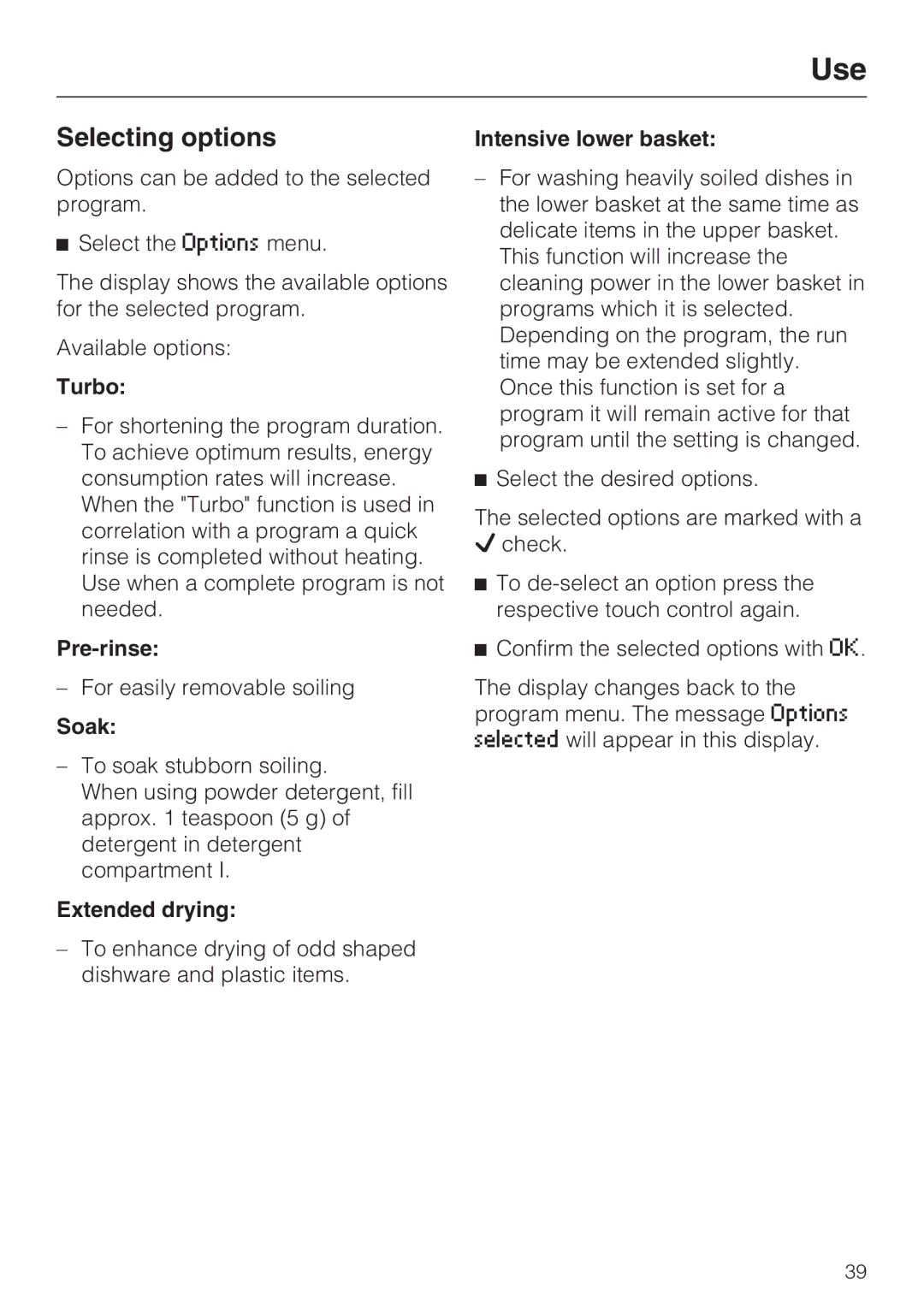 Miele G 5910, G 5915 operating instructions Selecting options 