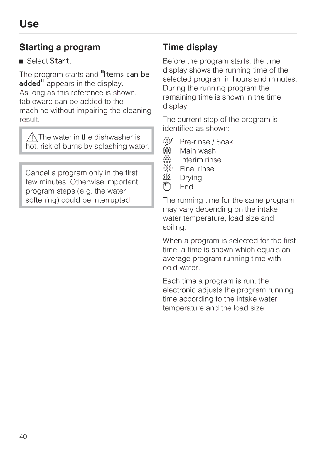 Miele G 5915, G 5910 operating instructions Starting a program, Time display 