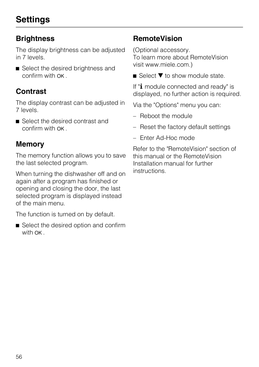 Miele G 5915, G 5910 operating instructions Brightness, Contrast, Memory, RemoteVision 