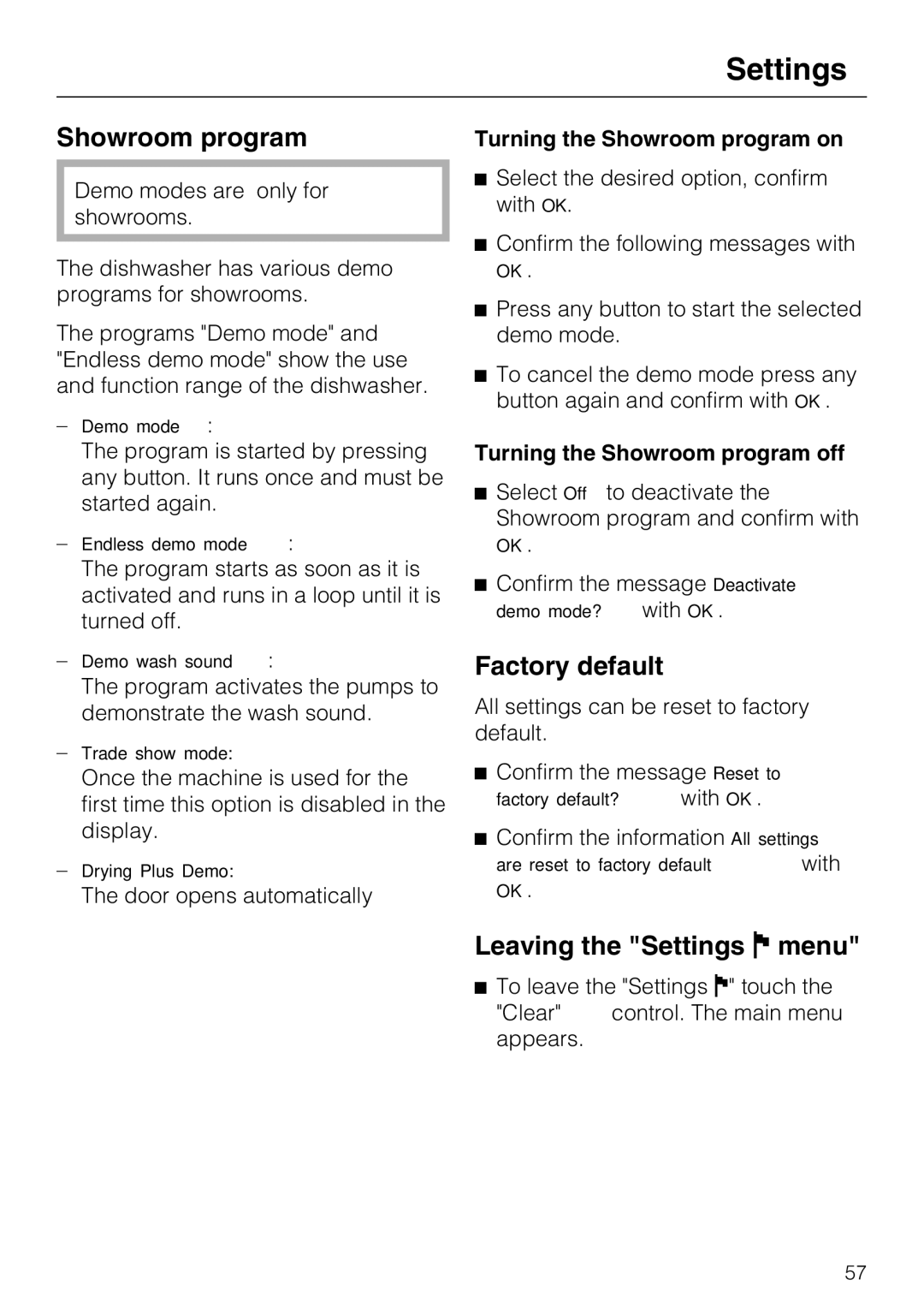 Miele G 5910, G 5915 operating instructions Factory default, Leaving the Settings menu, Turning the Showroom program off 