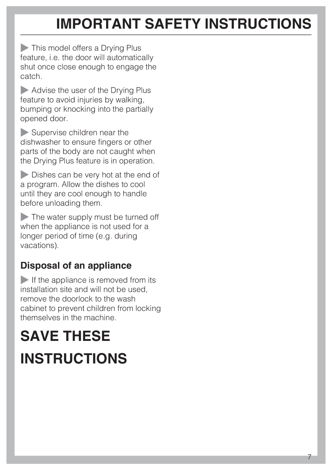 Miele G 5910, G 5915 operating instructions Save These Instructions, Disposal of an appliance 