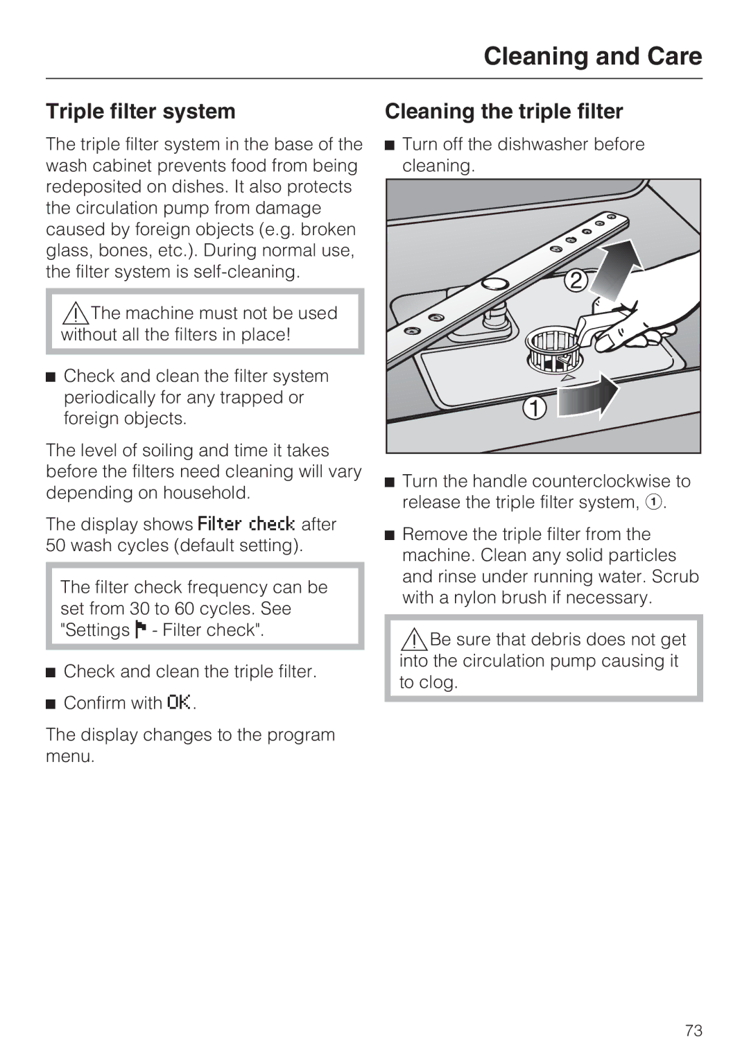 Miele G 5910, G 5915 operating instructions Triple filter system, Cleaning the triple filter 