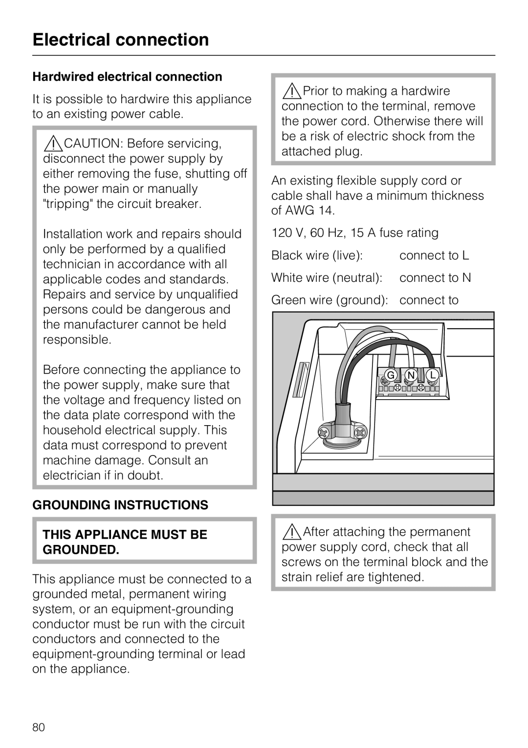 Miele G 5915, G 5910 Hardwired electrical connection, Grounding Instructions This Appliance Must be Grounded 