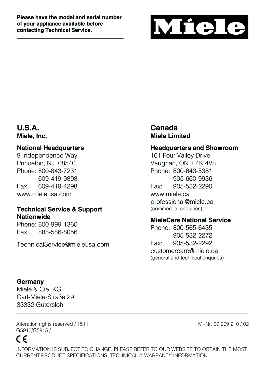 Miele G 5915, G 5910 operating instructions Alteration rights reserved Nr 909 210 G5910/G5915 