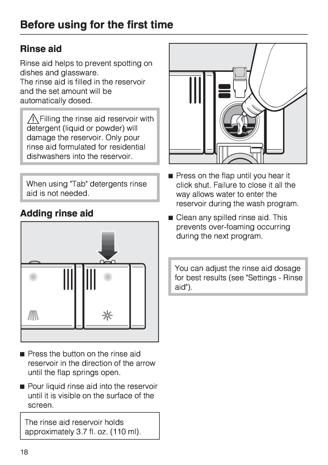 Miele G 5915, G 5910 operating instructions Rinse aid, Adding rinse aid, Before using for the first time 