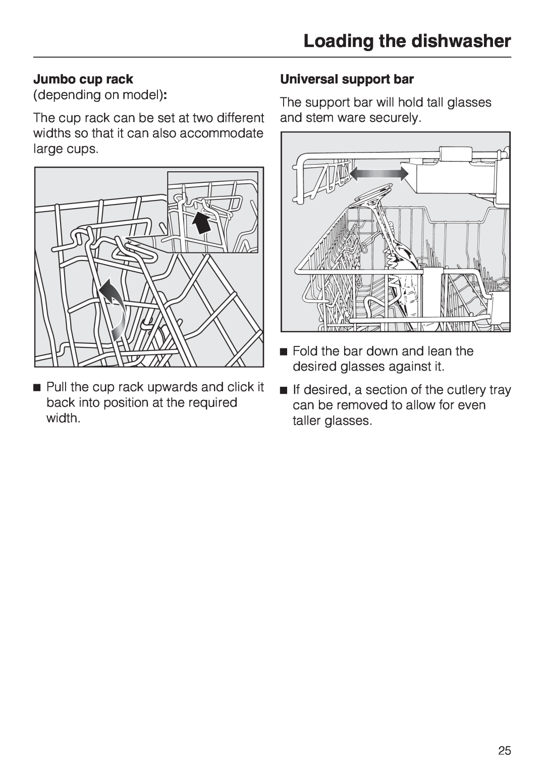 Miele G 5910, G 5915 operating instructions Loading the dishwasher, Jumbo cup rack, Universal support bar 