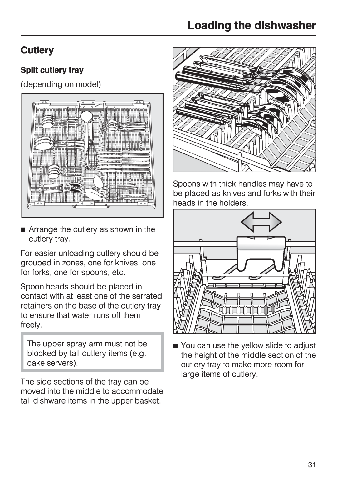 Miele G 5910, G 5915 operating instructions Cutlery, Loading the dishwasher, Split cutlery tray 