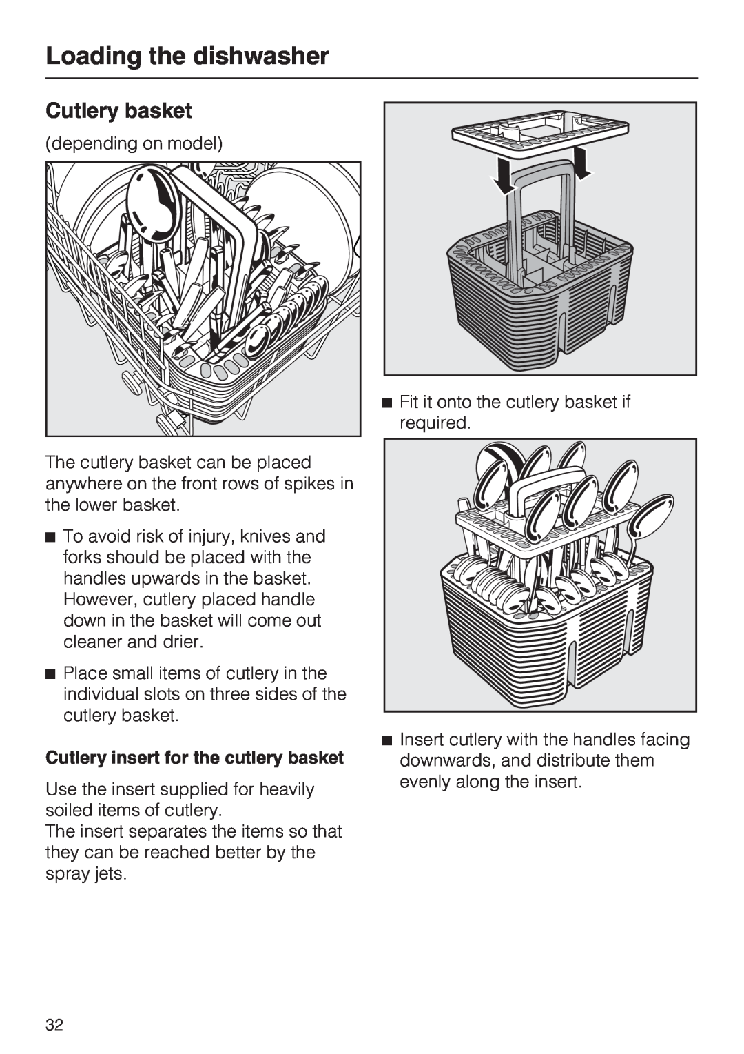 Miele G 5915, G 5910 operating instructions Cutlery basket, Loading the dishwasher, Cutlery insert for the cutlery basket 