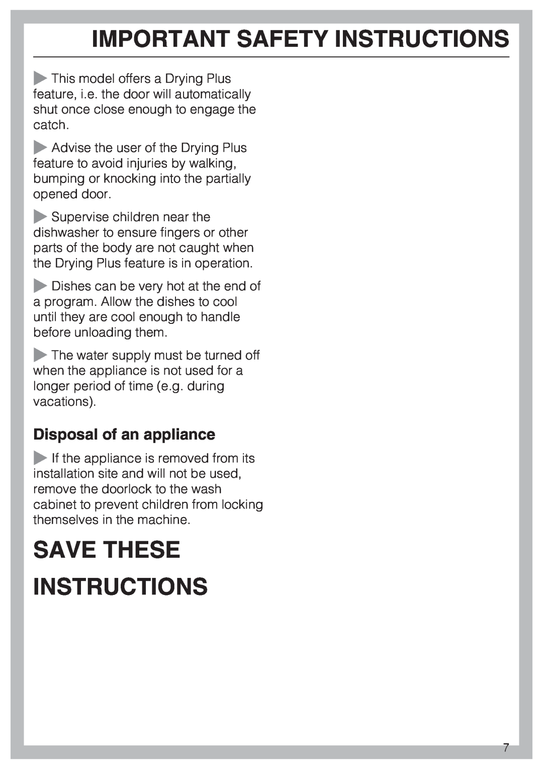 Miele G 5910, G 5915 operating instructions Save These Instructions, Disposal of an appliance, Important Safety Instructions 