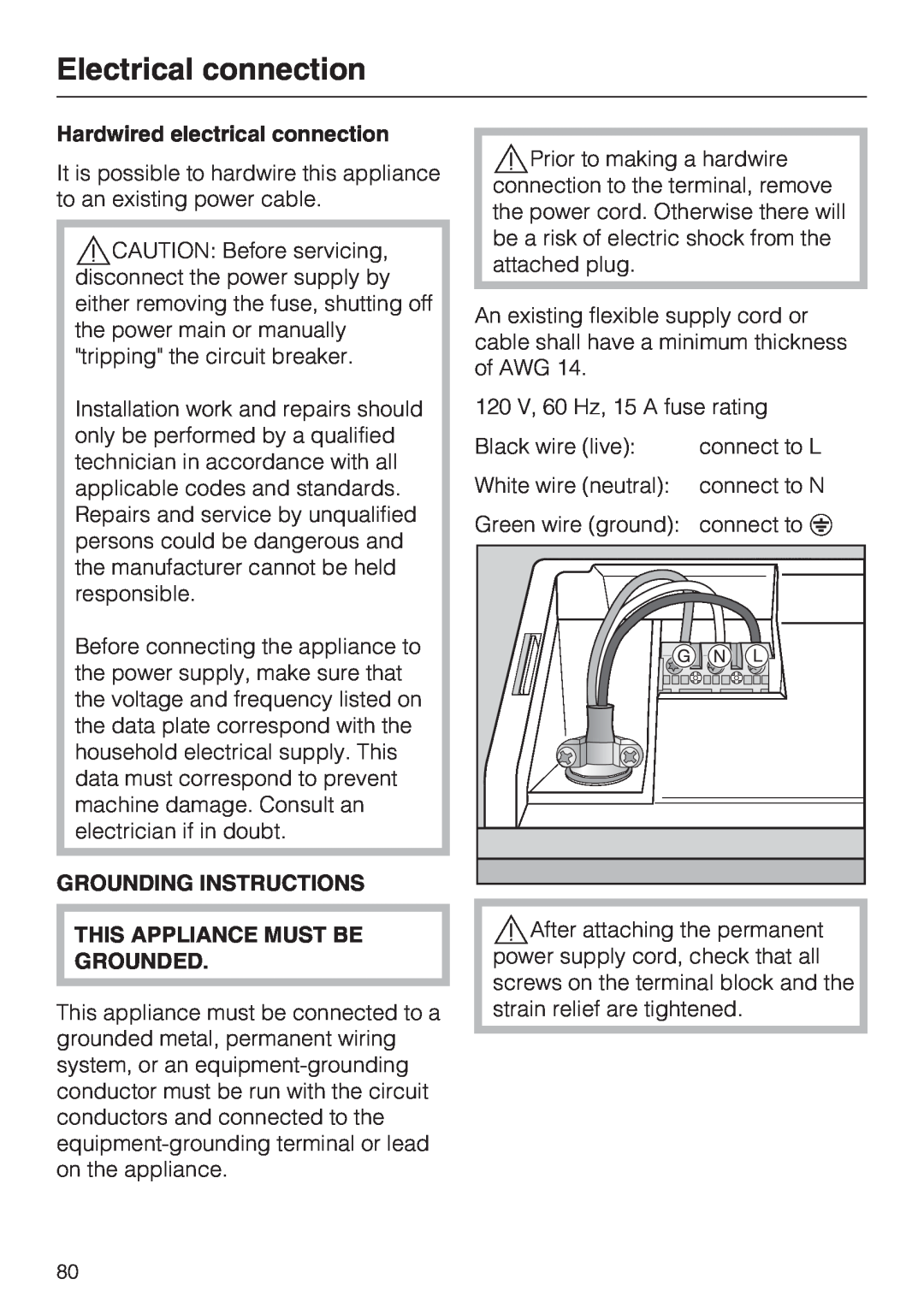 Miele G 5915, G 5910 operating instructions Electrical connection, Hardwired electrical connection, Grounding Instructions 