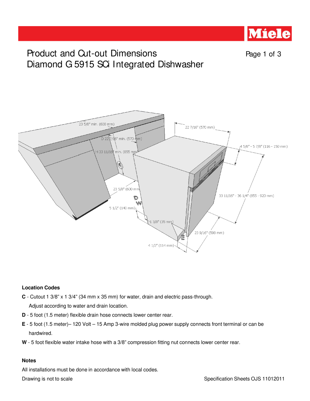 Miele G 5915 SCI dimensions Product and Cut-outDimensions, Diamond G 5915 SCi Integrated Dishwasher, Page 1 of 