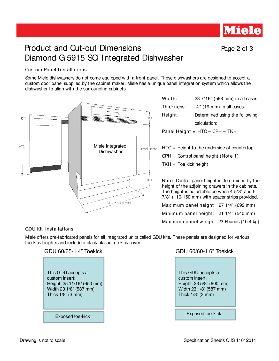 Miele G 5915 SCI Page 2 of, Product and Cut-outDimensions, Diamond G 5915 SCi Integrated Dishwasher, GDU 60/65-14” Toekick 