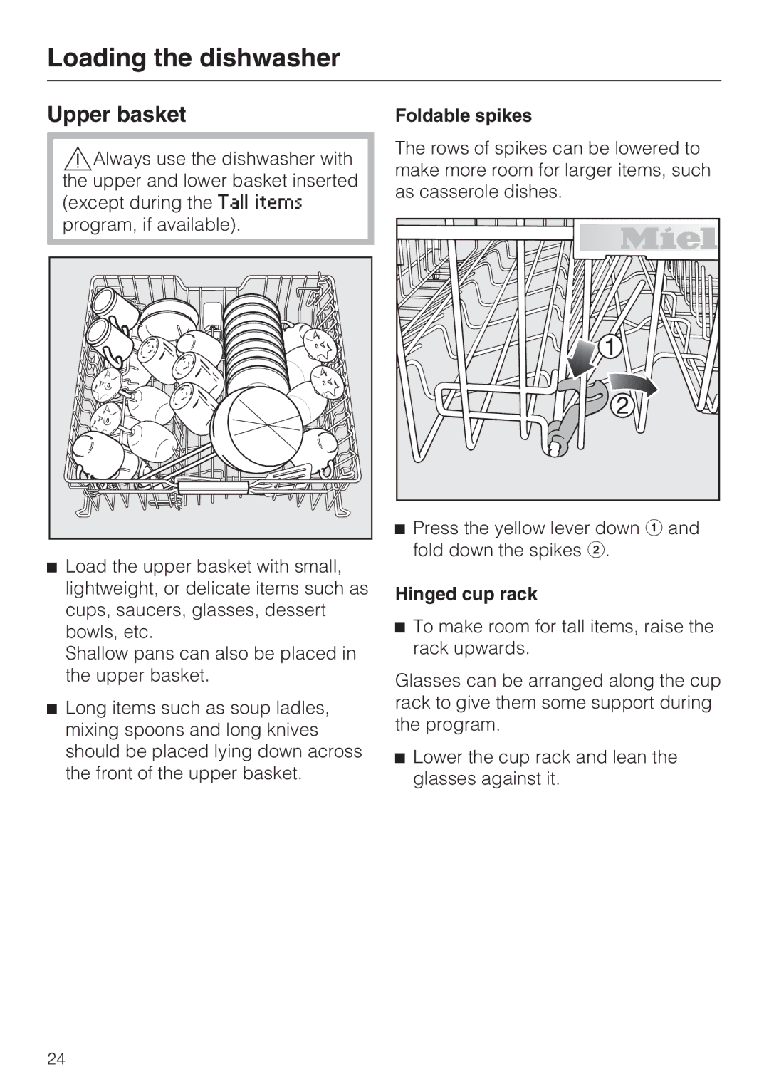 Miele G 5970, G 5795 manual Upper basket, Foldable spikes, Hinged cup rack 