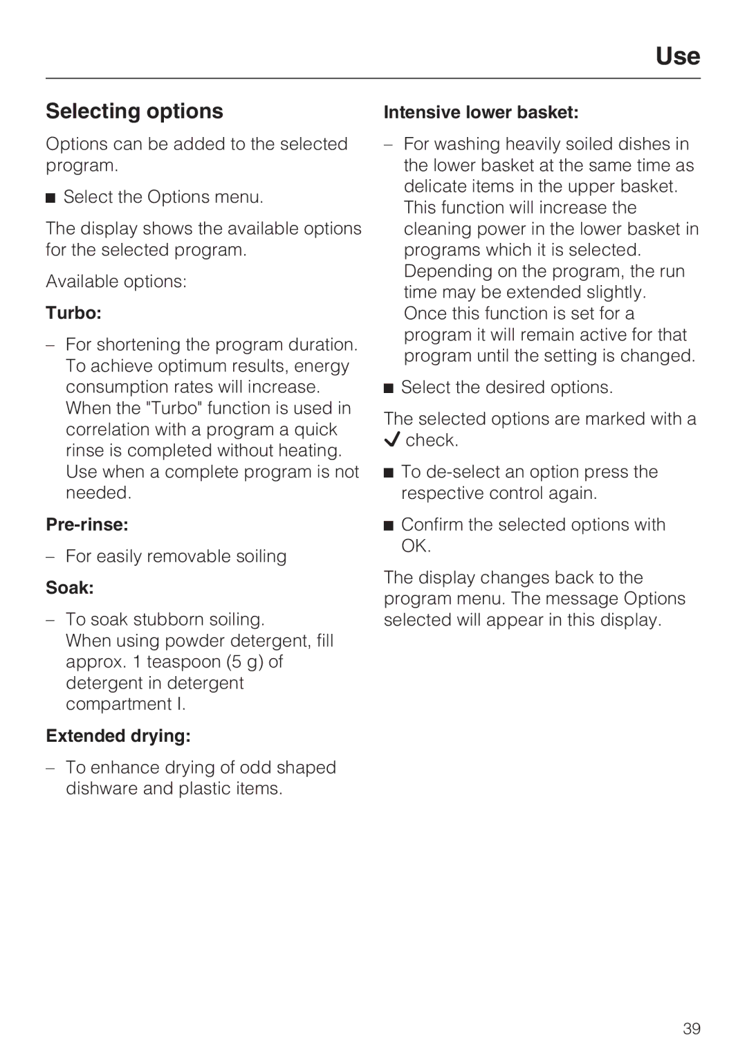 Miele G 5795, G 5970 manual Selecting options 