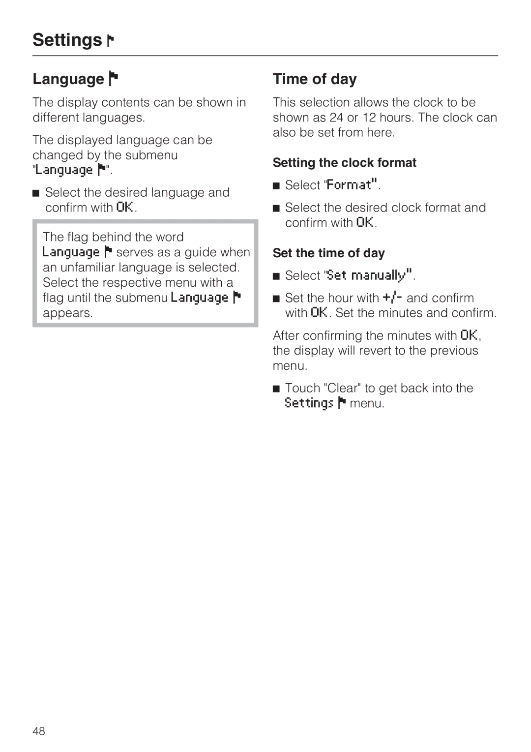 Miele G 5970, G 5795 manual Language, Time of day, Setting the clock format, Set the time of day 