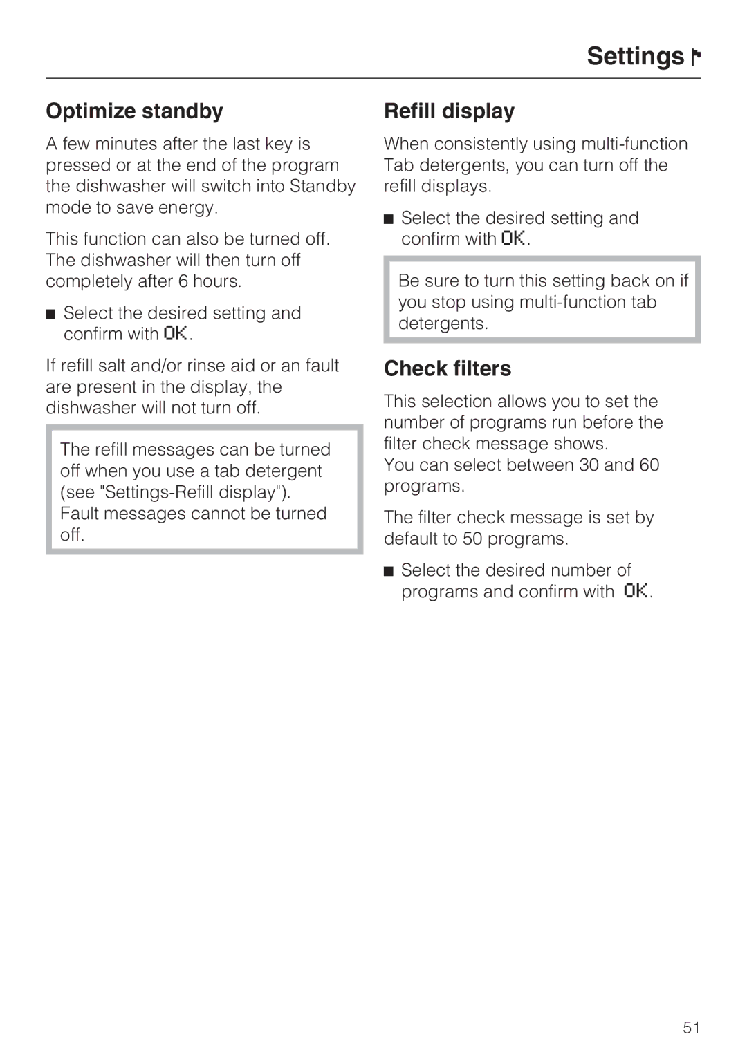 Miele G 5795, G 5970 manual Optimize standby, Refill display, Check filters 